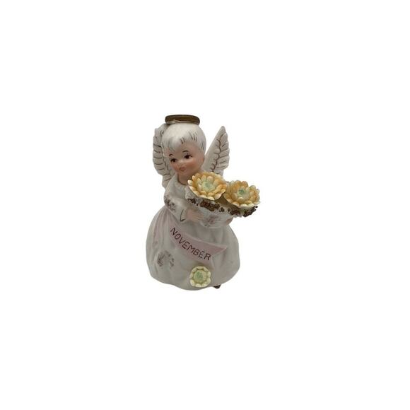 Vintage November Angel Figurine with Chrysanthemums 4" 1950s - Picture 1 of 7